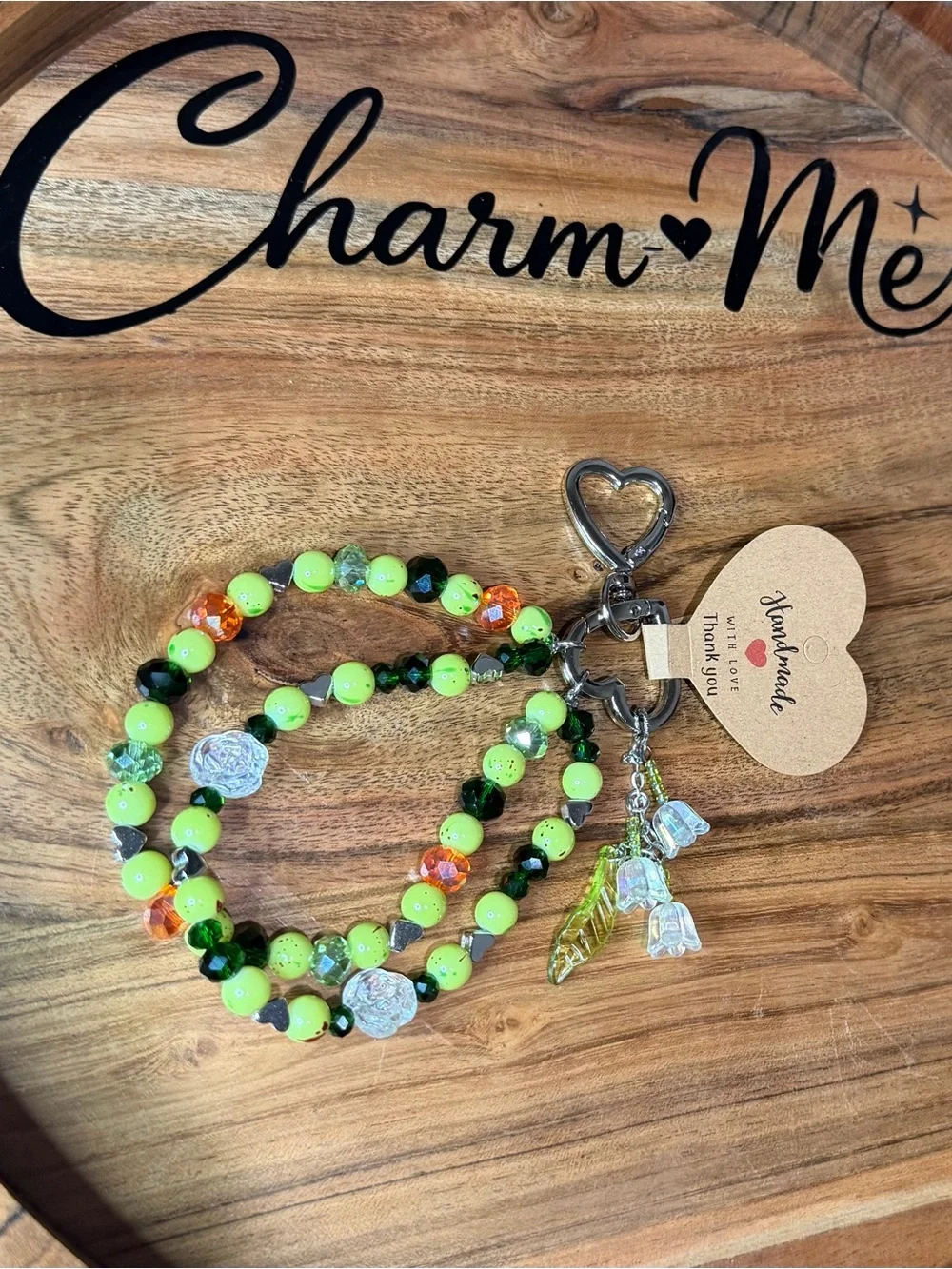 Handmade Lime Green Beaded Keychain Bracelet